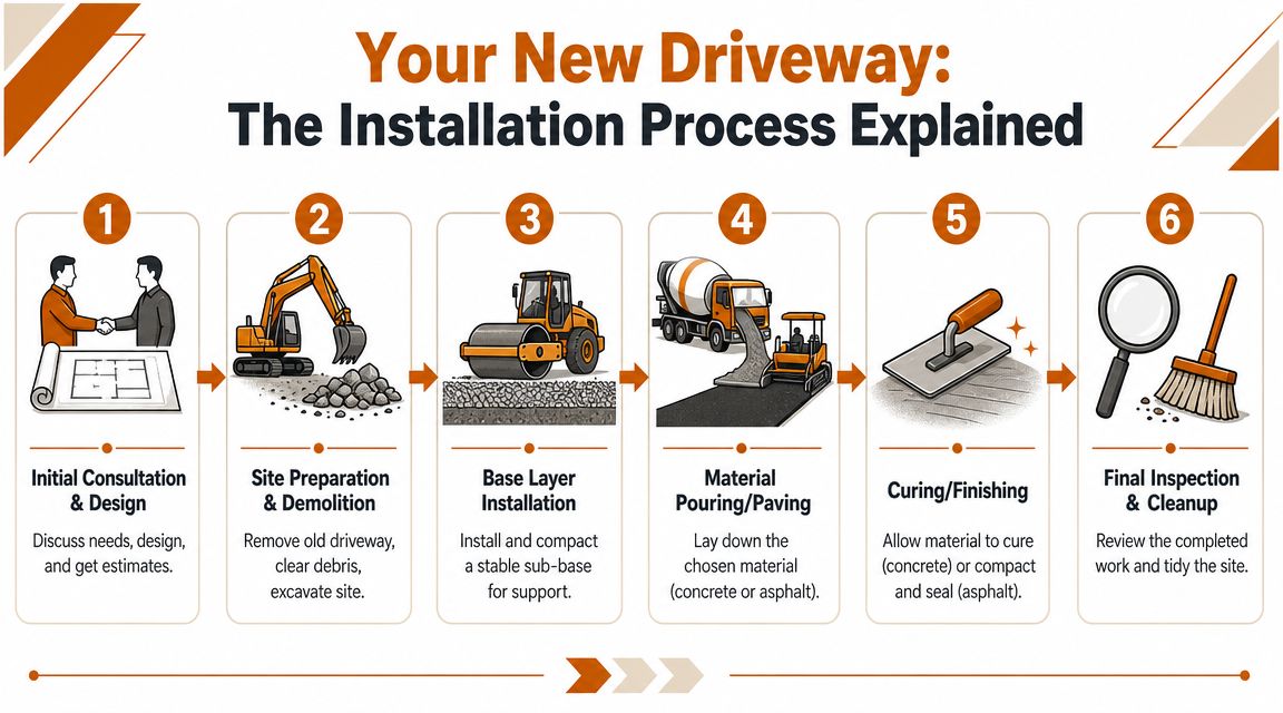 A six-step infographic illustrating the residential driveway installation process from initial consultation to final site cleanup.