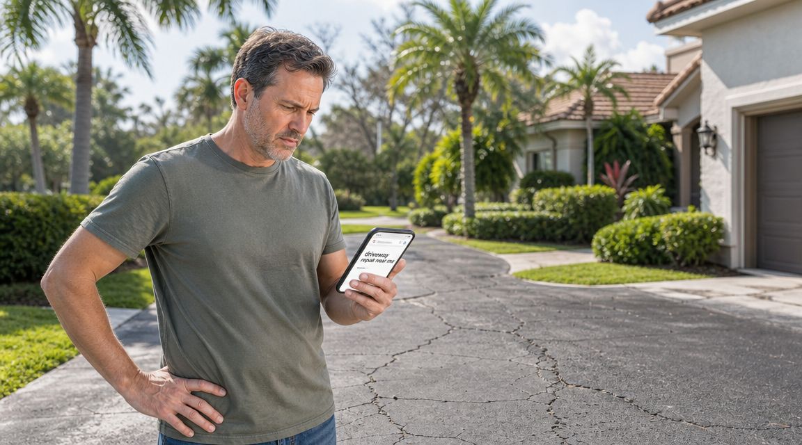 A middle aged man standing in his driveway looking concerned at his smartphone screen while searching for repairs.
