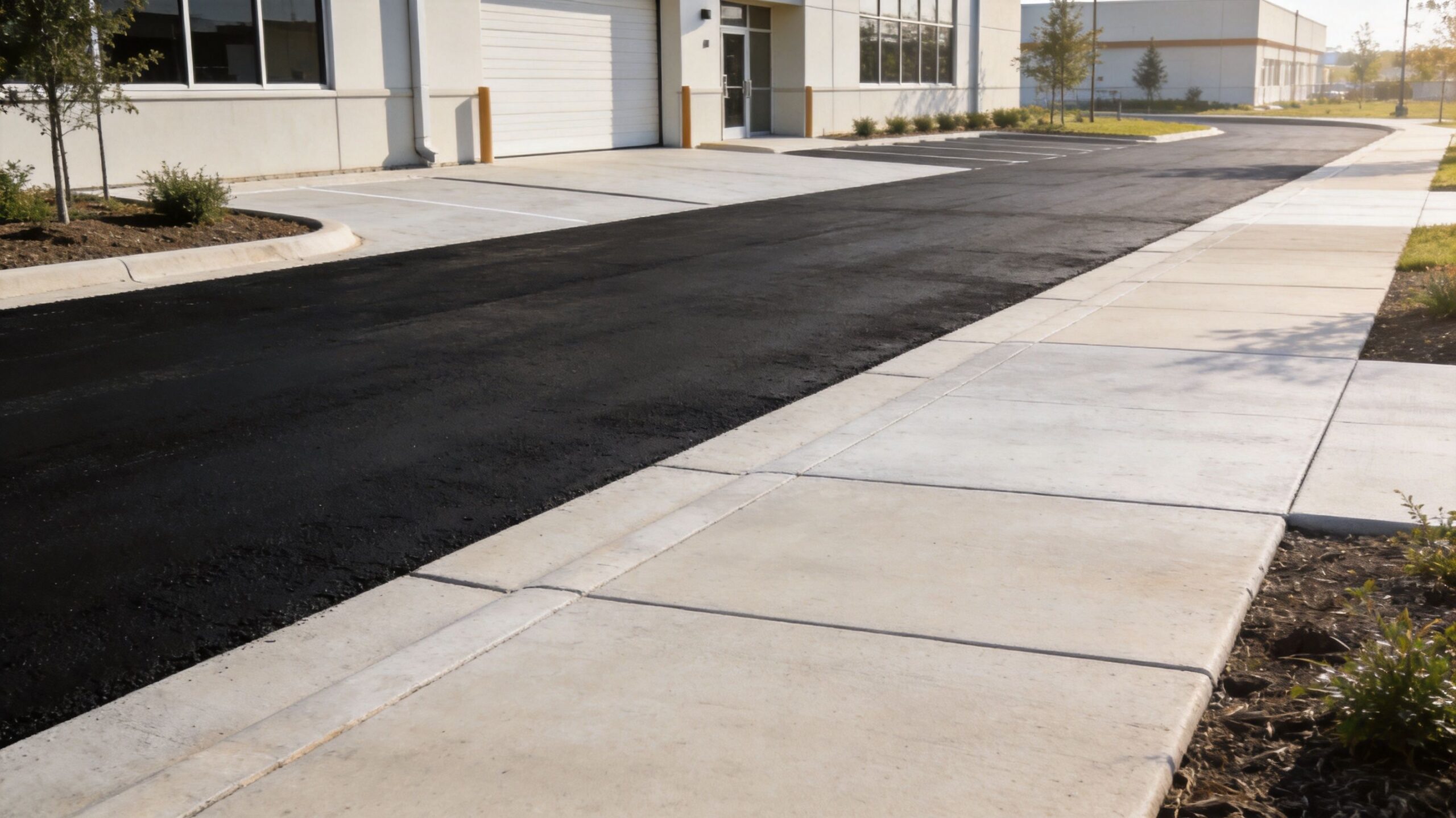 A freshly paved black asphalt driveway leading to a modern commercial building with a clean concrete sidewalk.