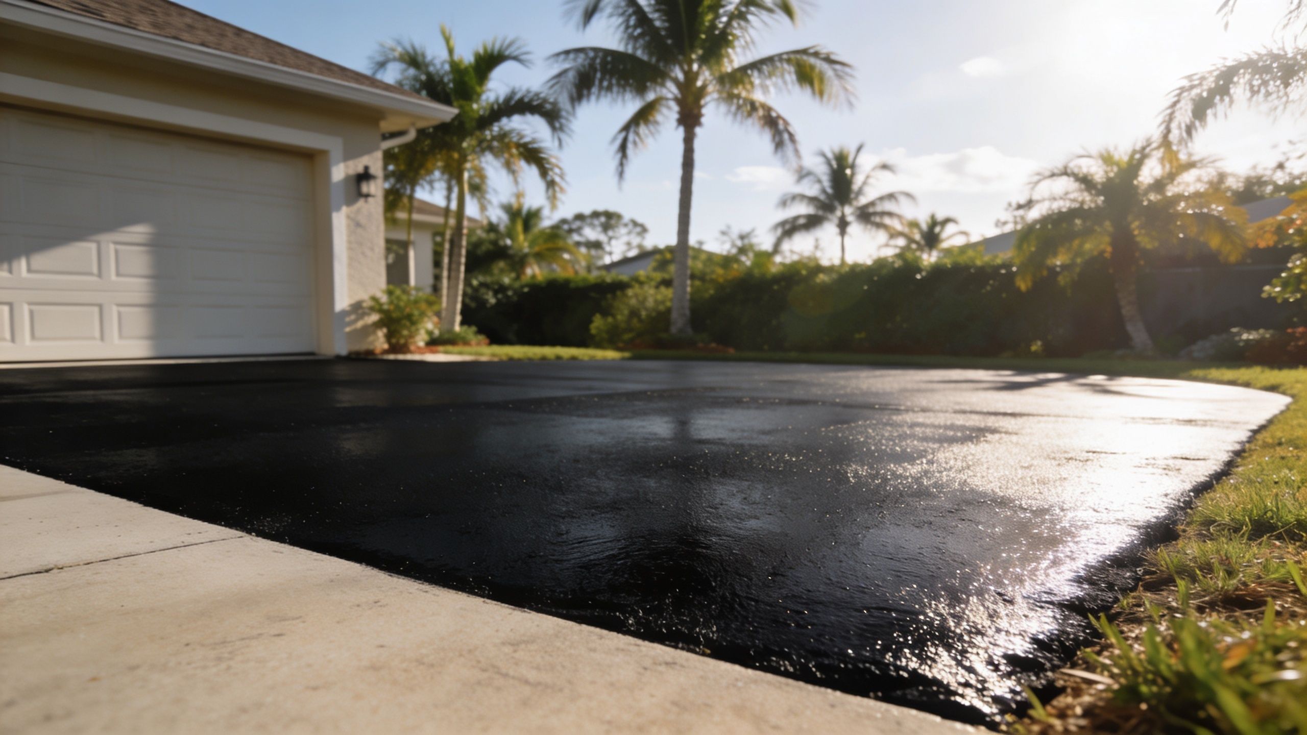 A freshly sealcoated residential driveway with a glossy black finish in a sunny Florida neighborhood.