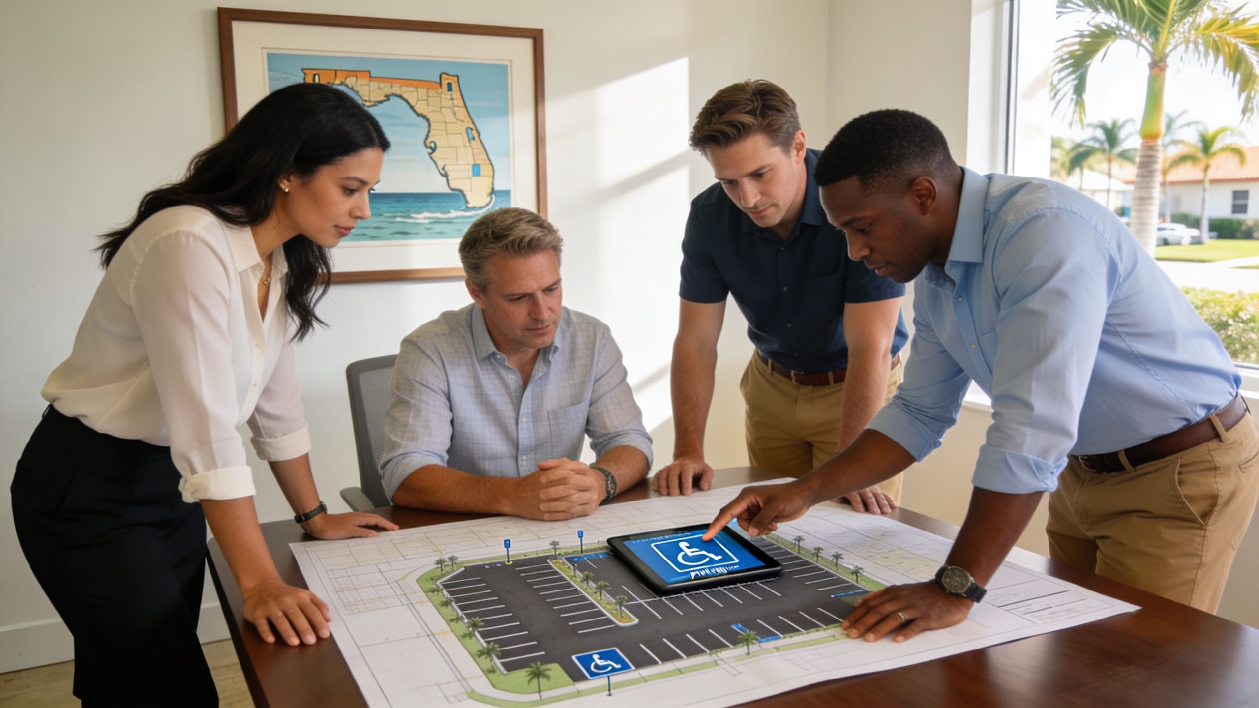 A team of four professionals reviewing a parking lot design plan with handicap accessibility on a digital tablet.