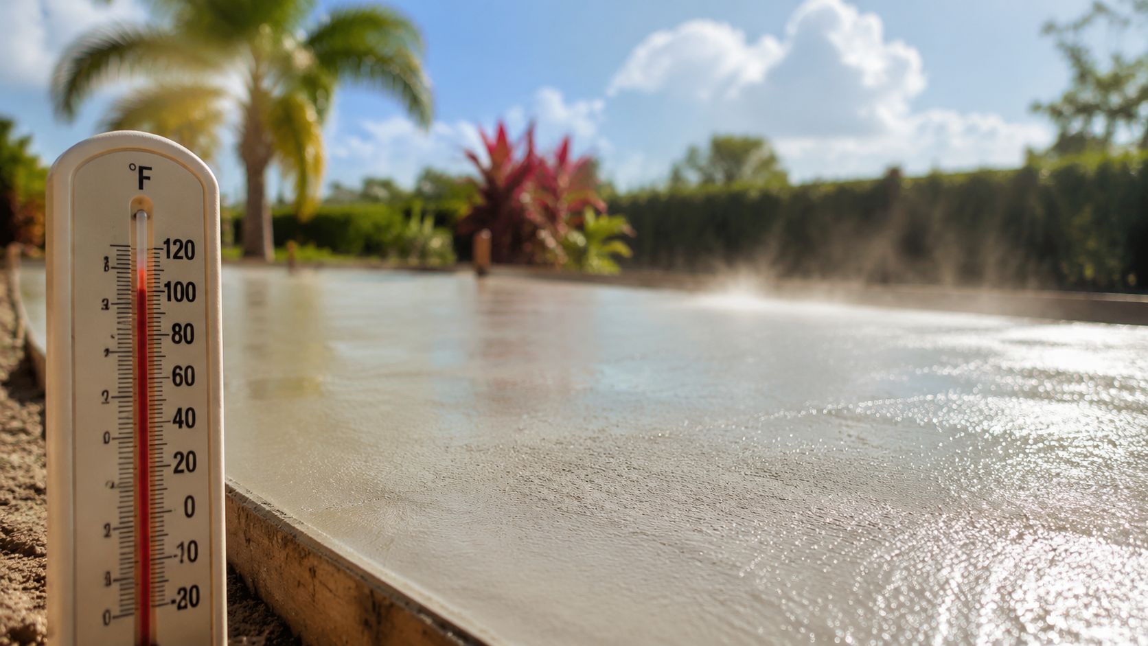 A thermometer shows a high temperature next to a newly poured concrete surface steaming under the sun.