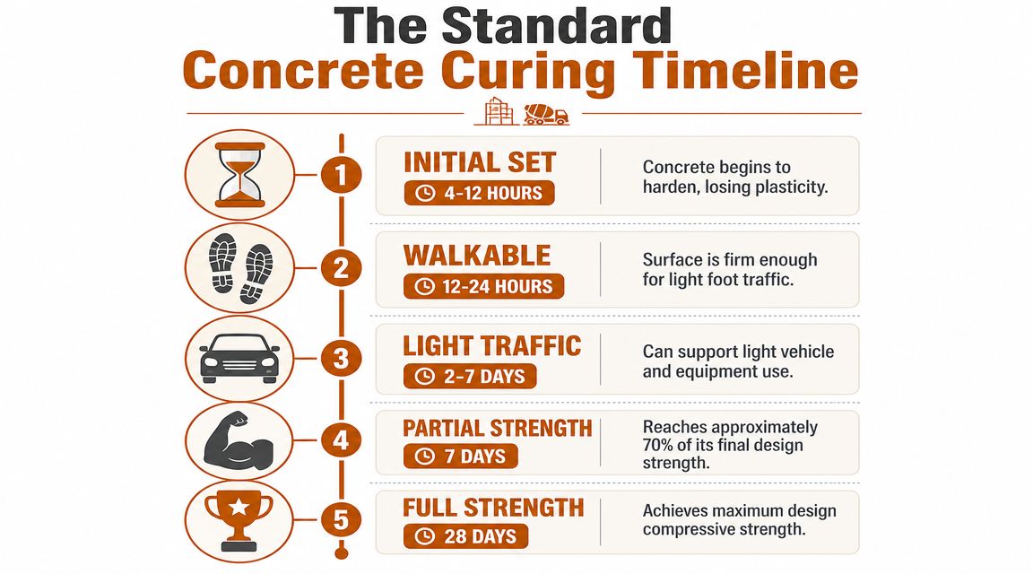 A timeline graphic illustrating the five stages of concrete curing from initial set to full strength.