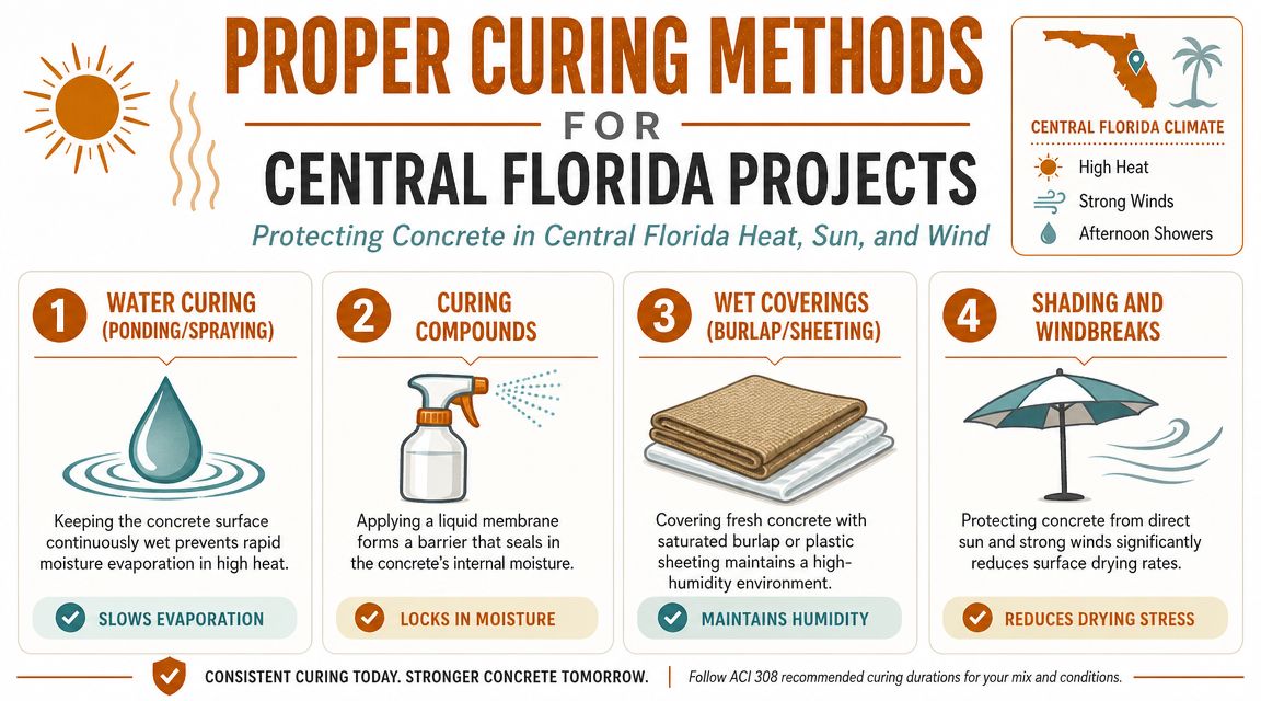 An infographic detailing four effective methods for curing concrete in Central Florida's hot and windy climate.