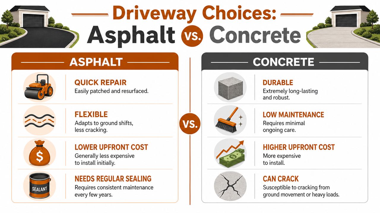 A comparison infographic between asphalt and concrete driveways highlighting their pros and cons for homeowners.