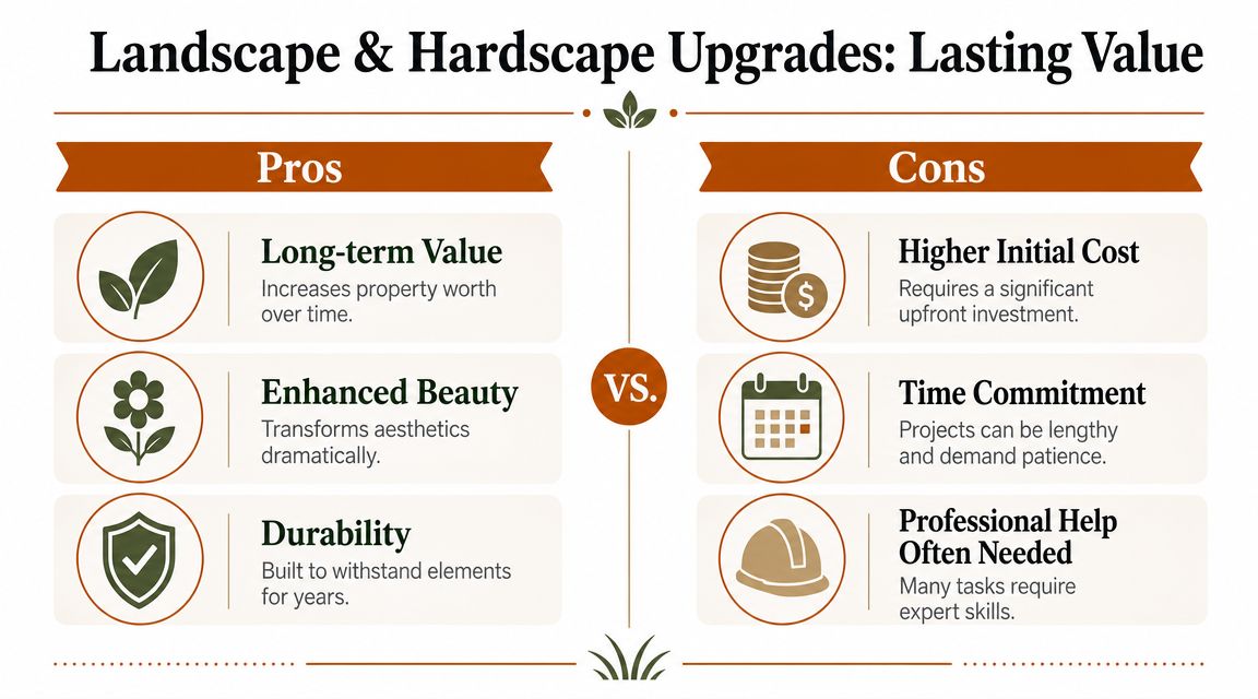 A comparison chart outlining the pros and cons of landscape and hardscape upgrades for property value.