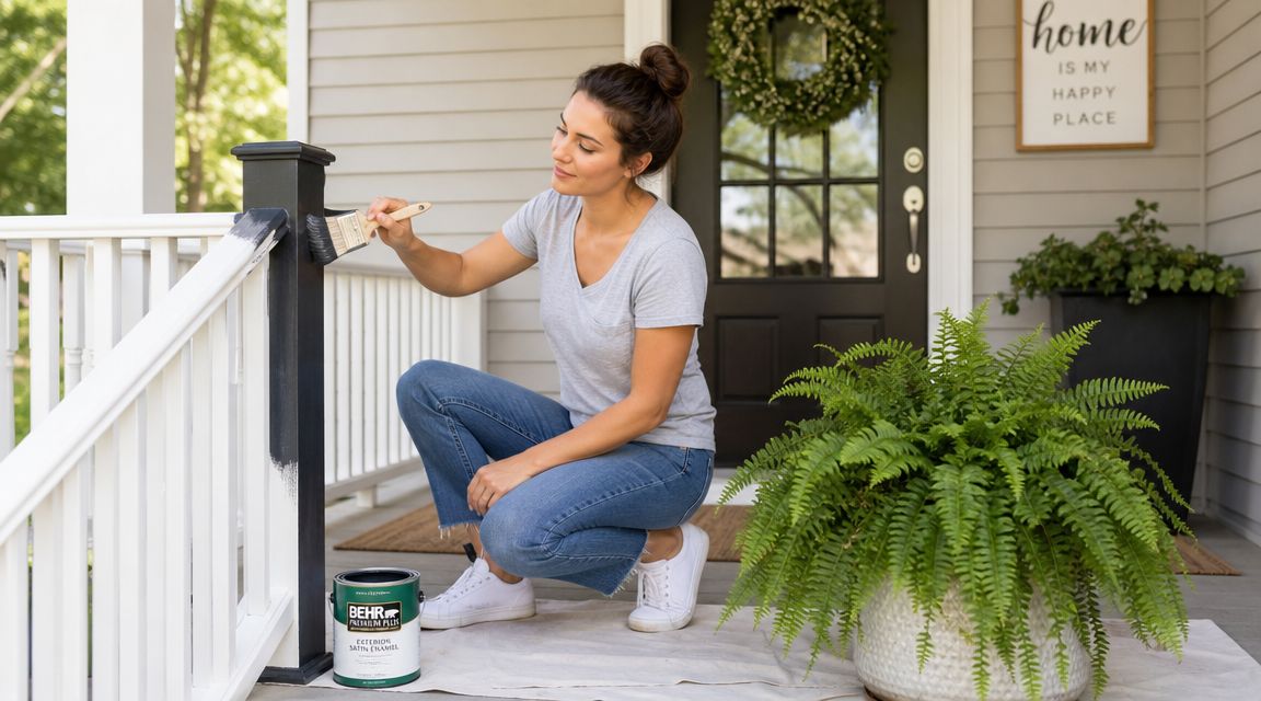 A smiling woman painting a white porch railing with black paint on a sunny day.