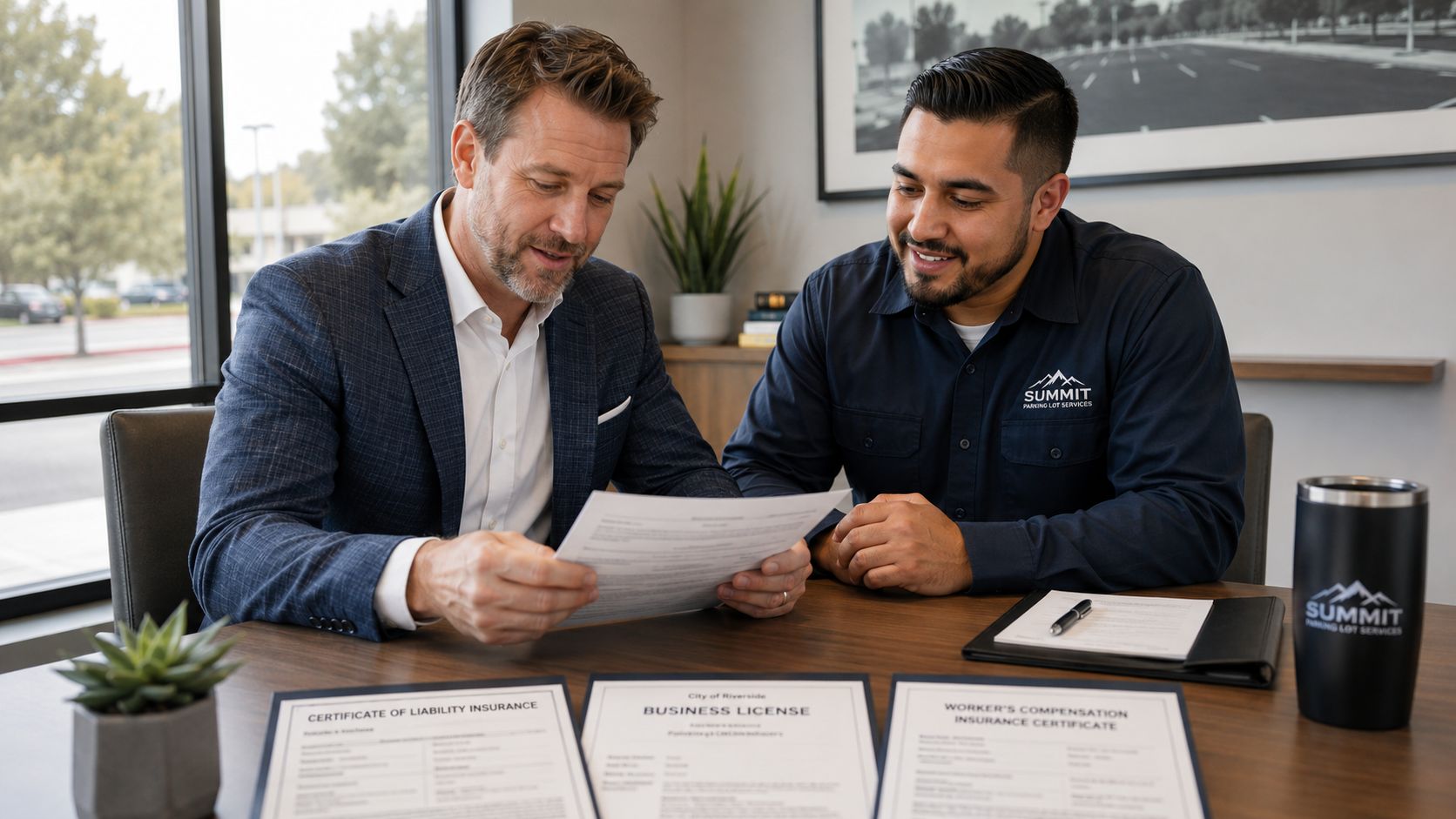 A professional meeting between two men reviewing business documents at a wooden table in an office.