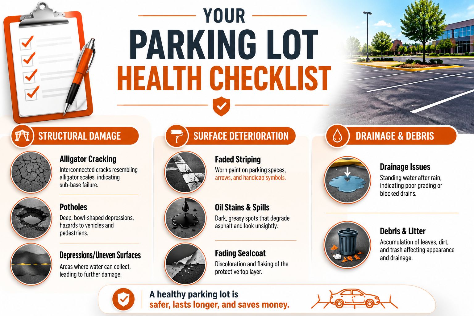 An infographic titled Parking Lot Health Checklist listing common structural, surface, and drainage issues for asphalt maintenance.
