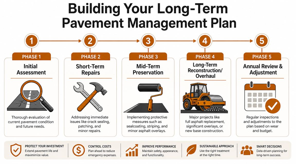 A five-phase infographic detailing a long-term strategy for effective pavement management and maintenance planning.