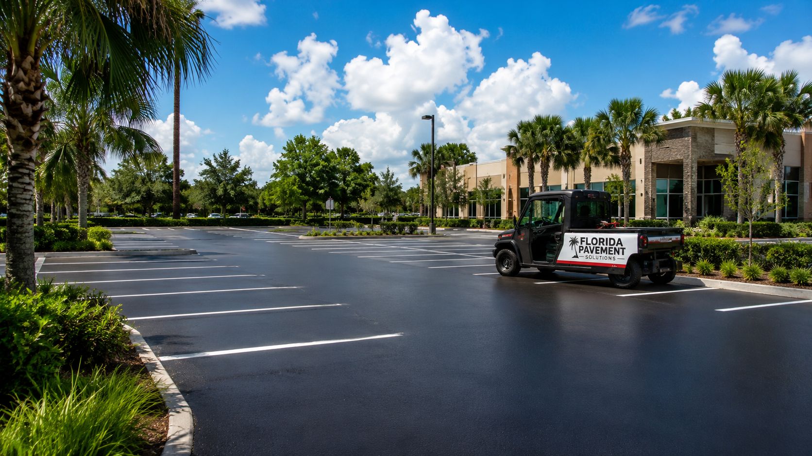 A Florida Pavement Solutions vehicle parked in a freshly paved and marked commercial parking lot with palm trees.