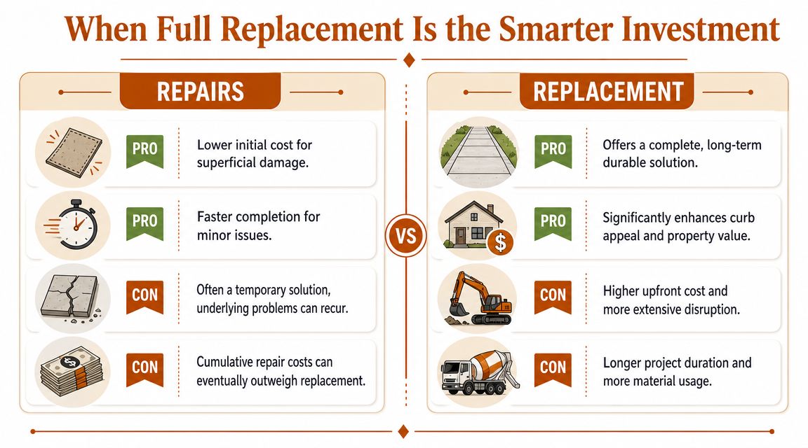 A comparison chart outlining the pros and cons of repairing versus replacing concrete sidewalks or surfaces.