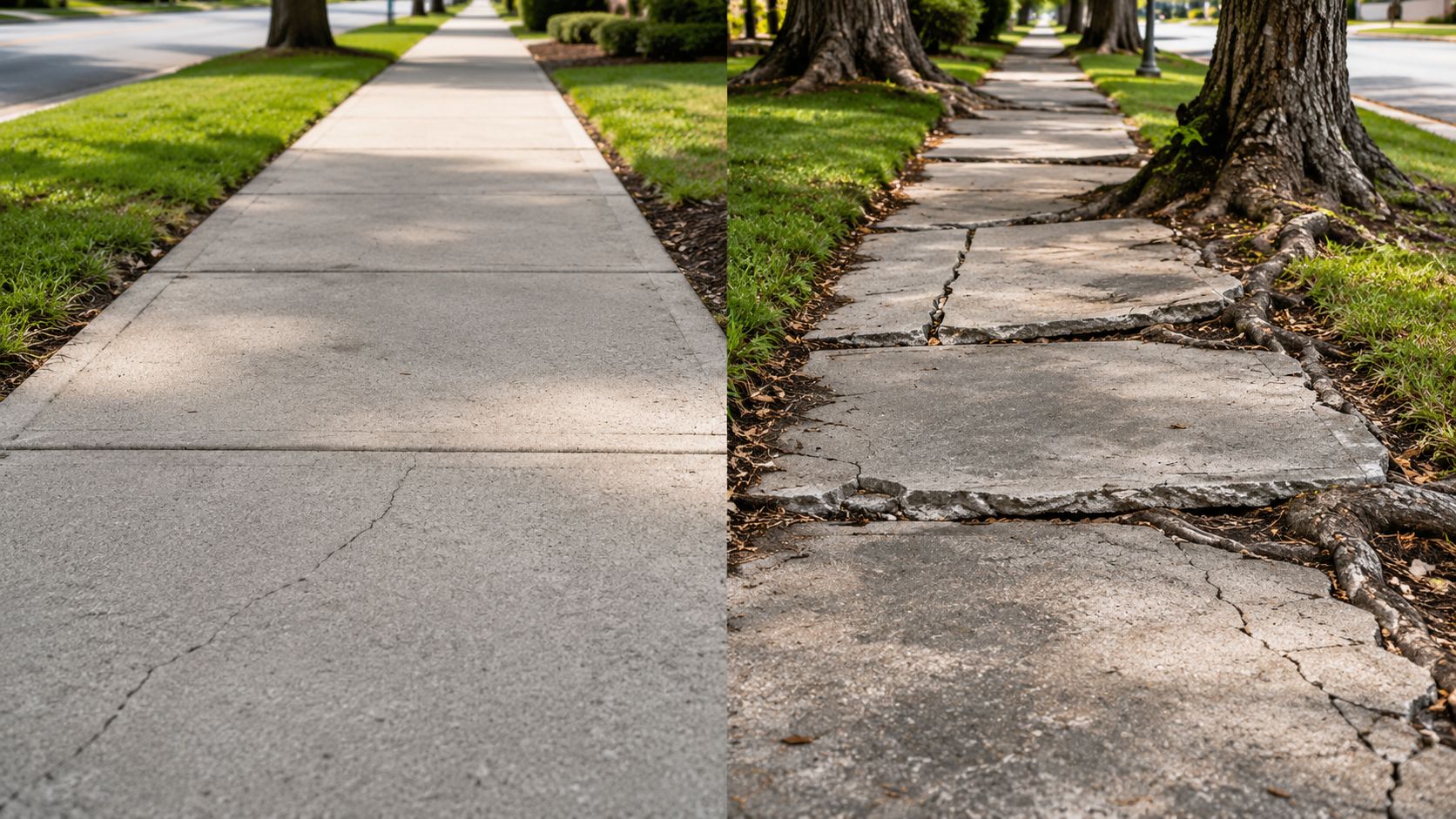 A split image showing a smooth, new concrete sidewalk contrasted with a damaged, tree-root lifted sidewalk.