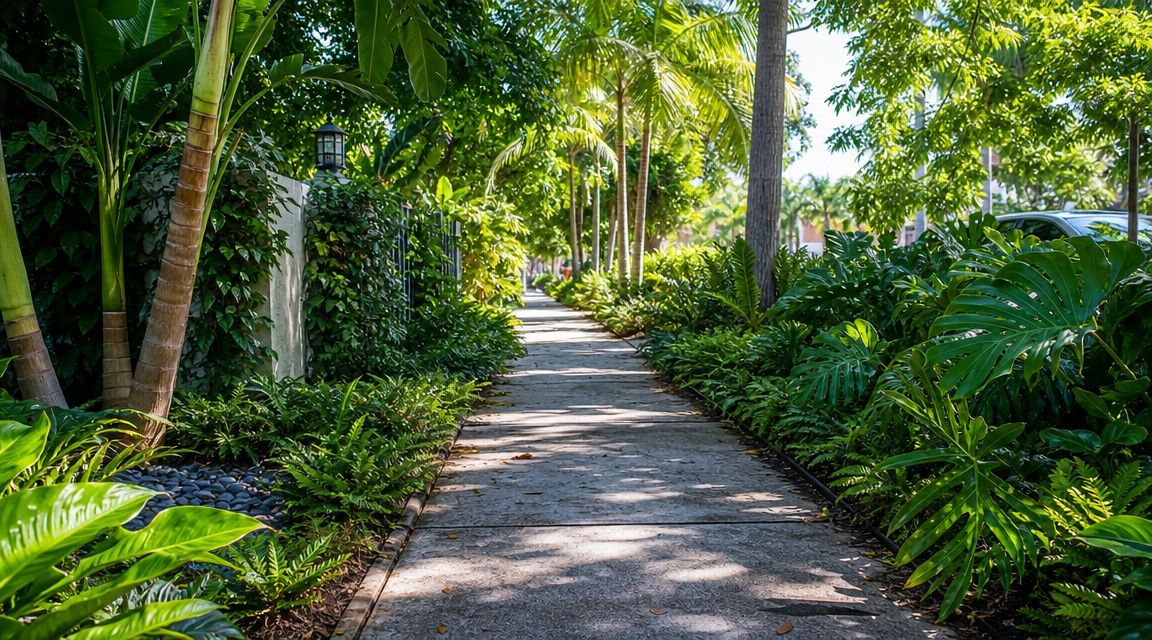 A serene concrete sidewalk winding through a lush garden path filled with tropical trees and plants.