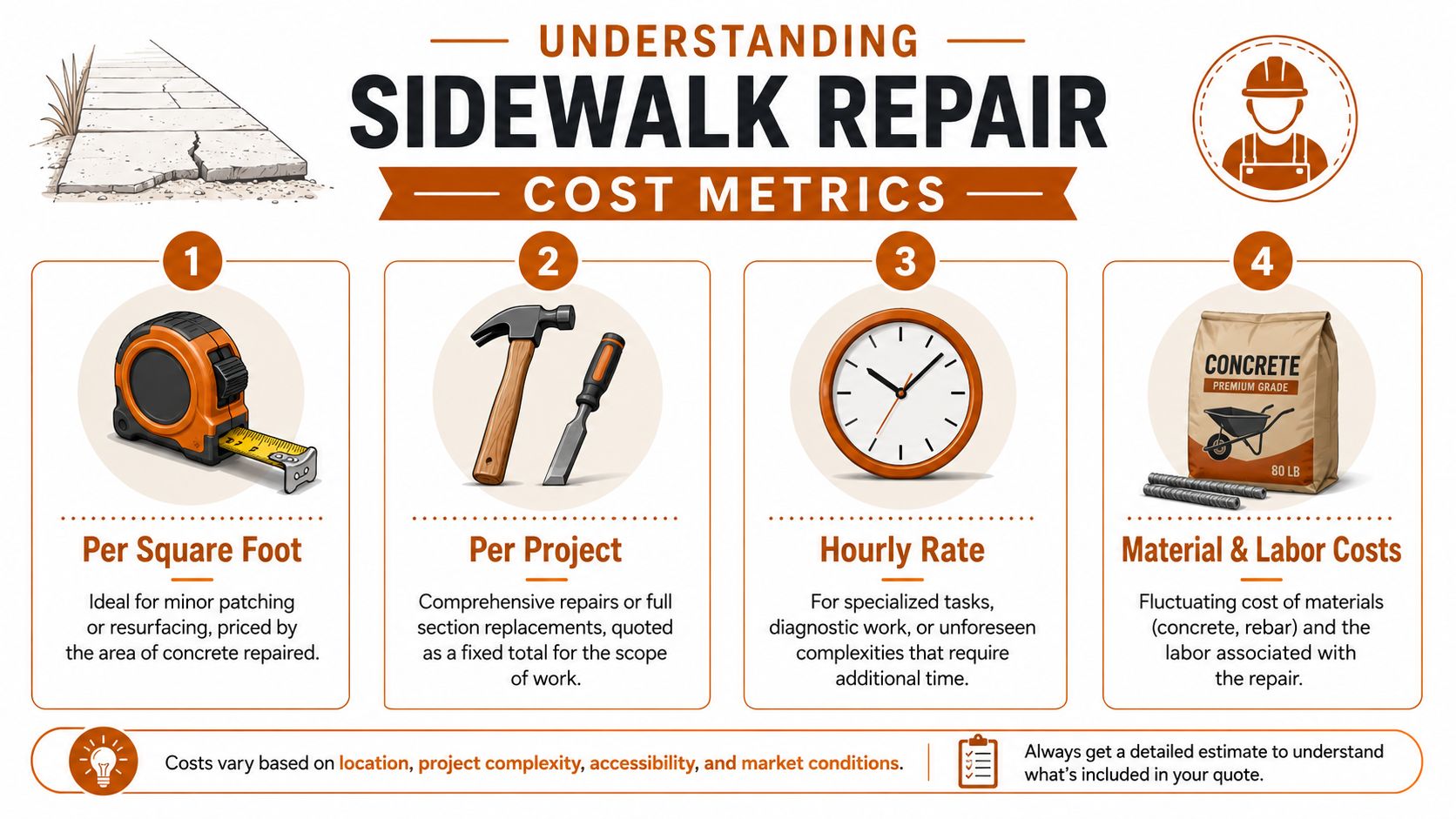An infographic titled Understanding Sidewalk Repair Cost Metrics explaining four billing methods for concrete repair projects.