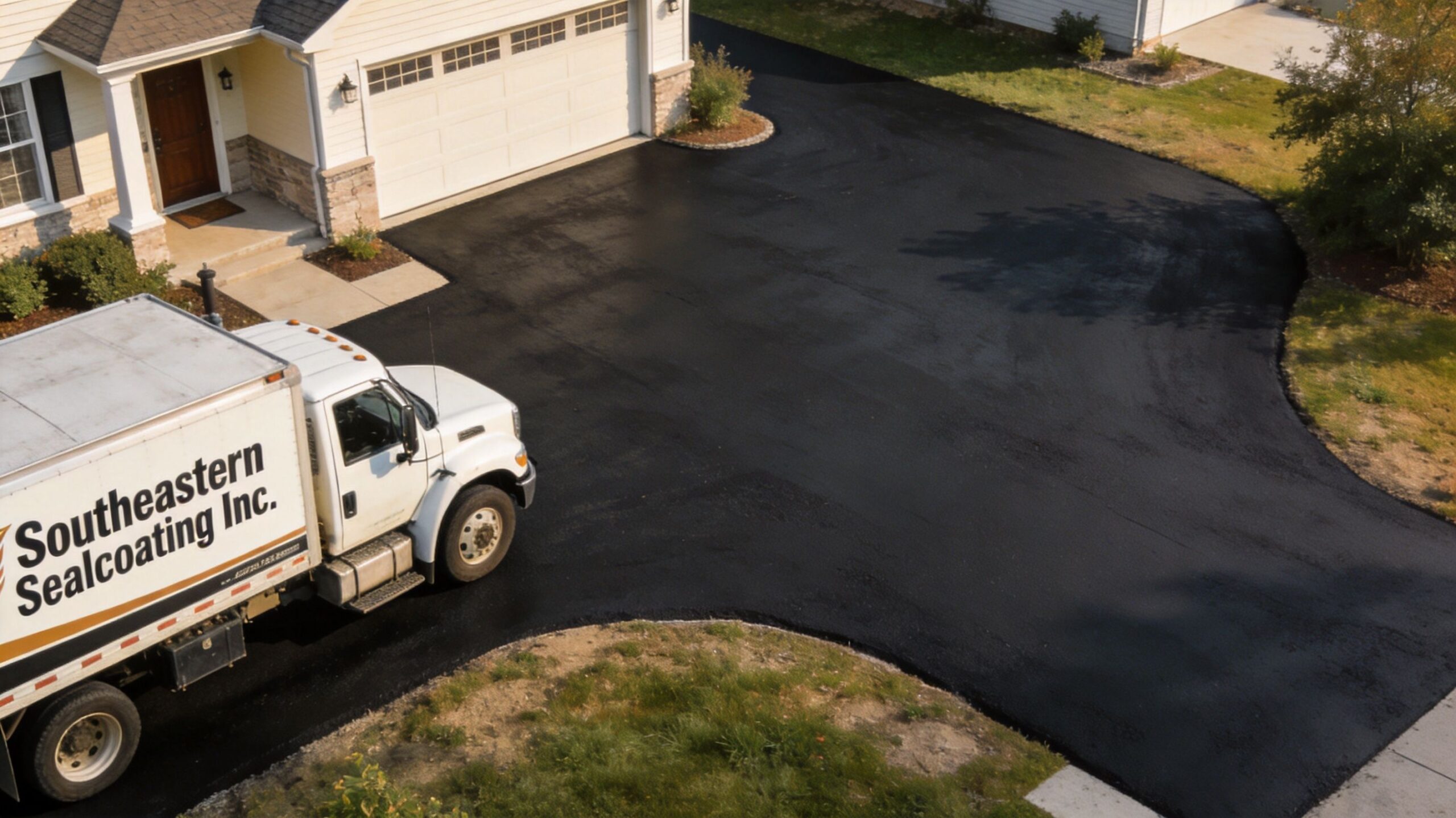 A Southeastern Sealcoating Inc truck parked on a freshly paved and sealcoated residential asphalt driveway.