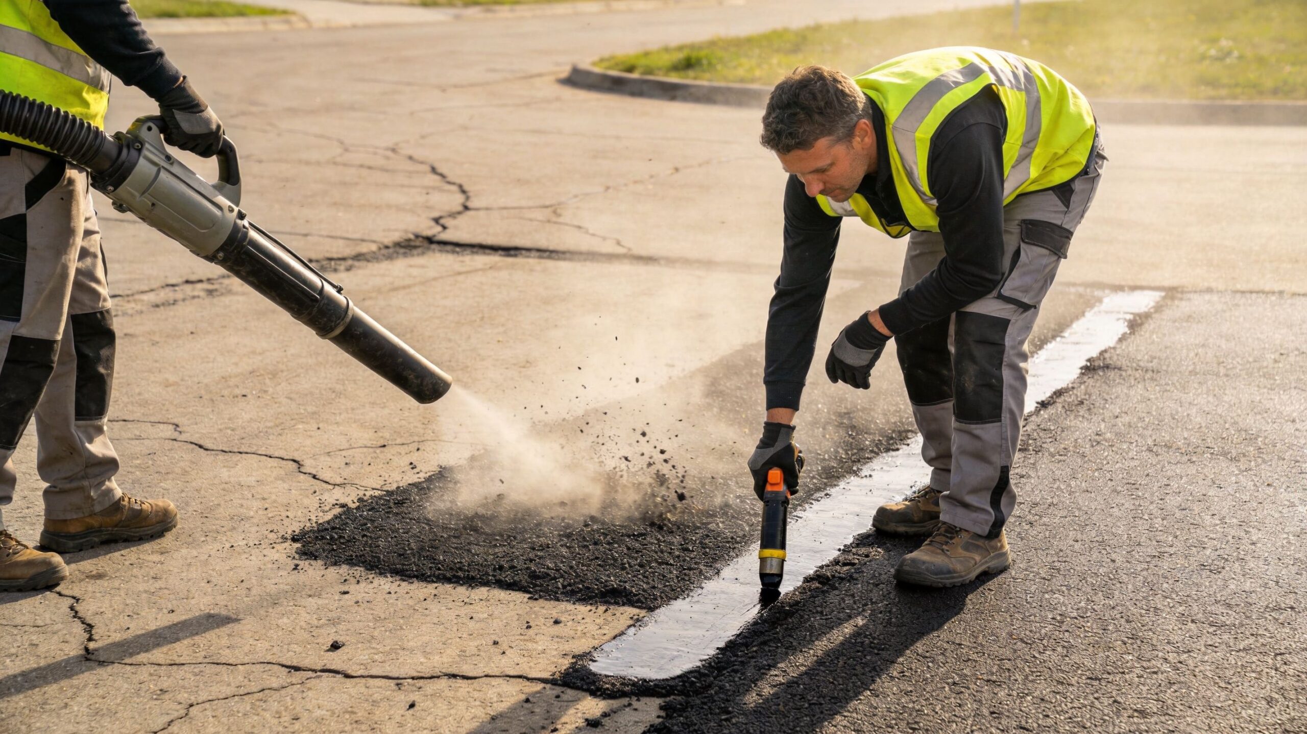 Two workers in high-visibility vests repair asphalt road cracks using a blower and liquid sealant applicator.