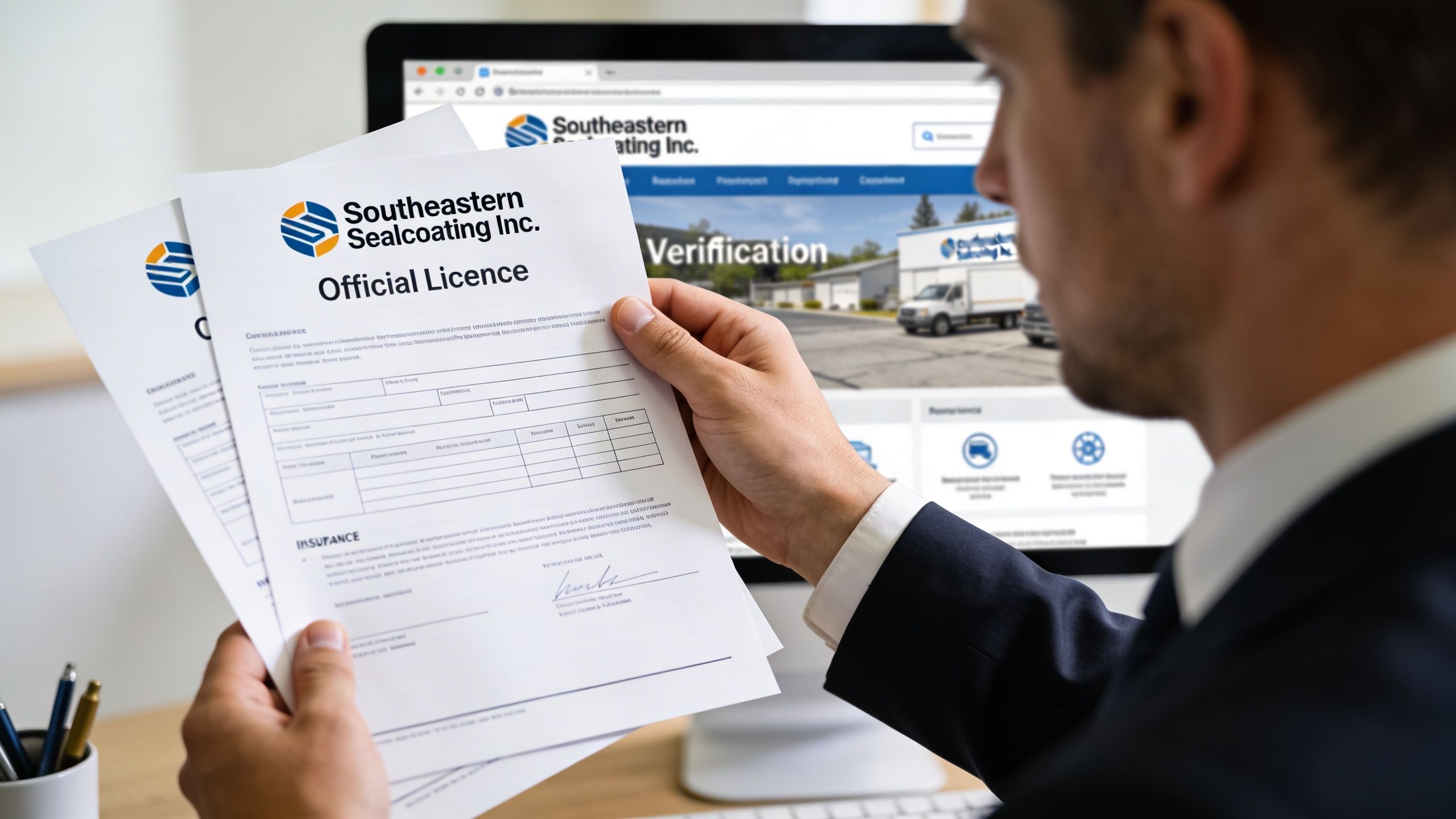 A professional holding a document for Southeastern Sealcoating Inc with a computer screen in the background