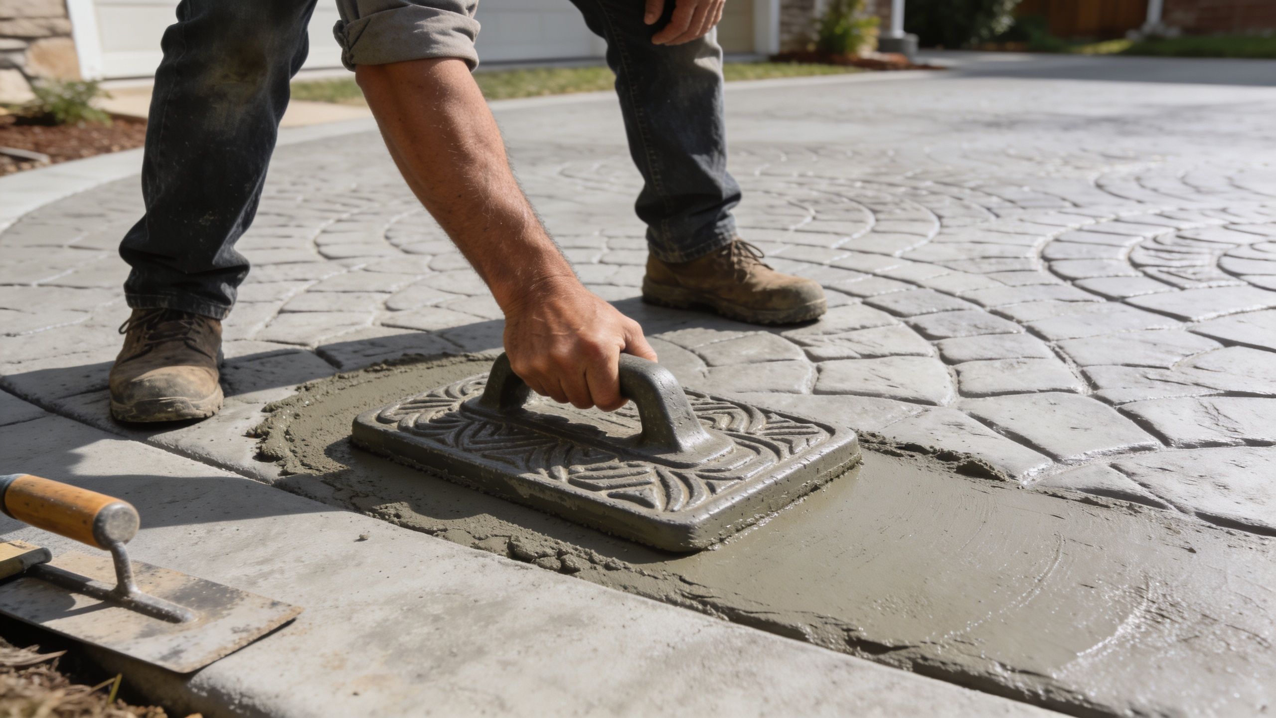 A construction worker uses a patterned stamp tool to create a decorative texture on a fresh concrete driveway.
