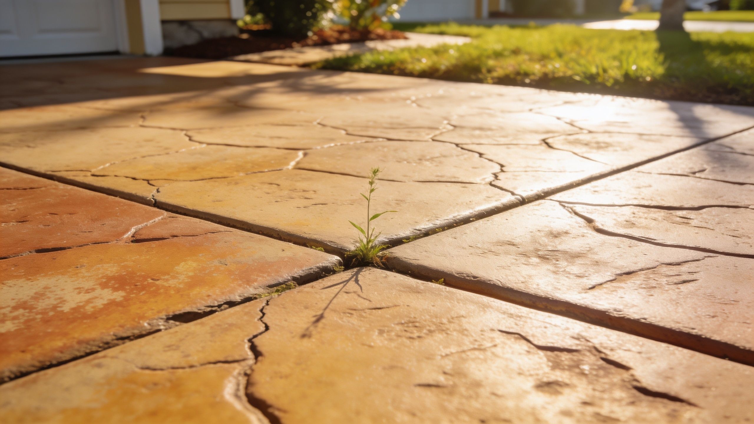 A small weed growing through the cracks of a textured stamped concrete driveway in the afternoon sun.
