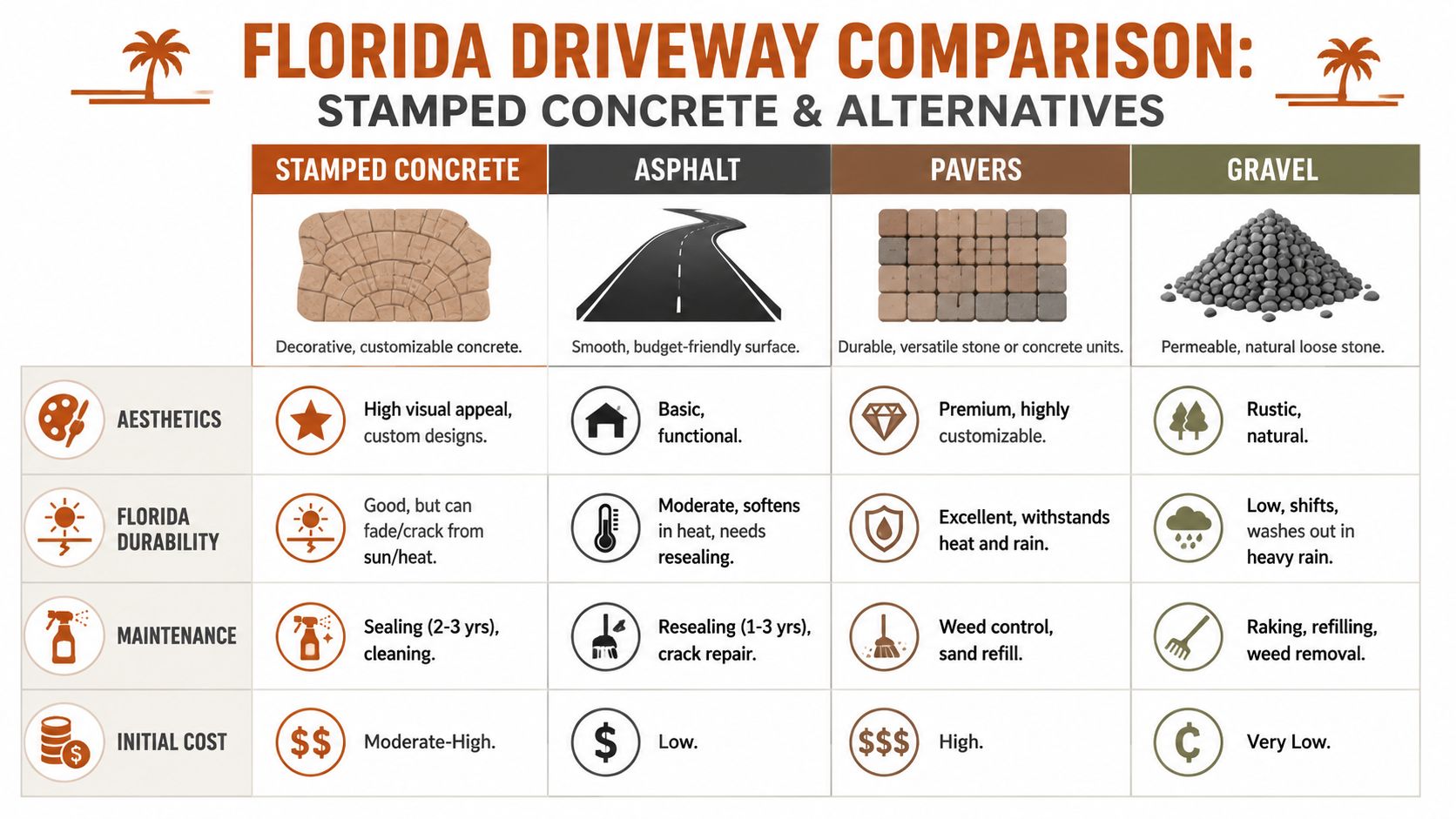 A comparison chart outlining the aesthetics, durability, maintenance, and cost of stamped concrete, asphalt, pavers, and gravel.