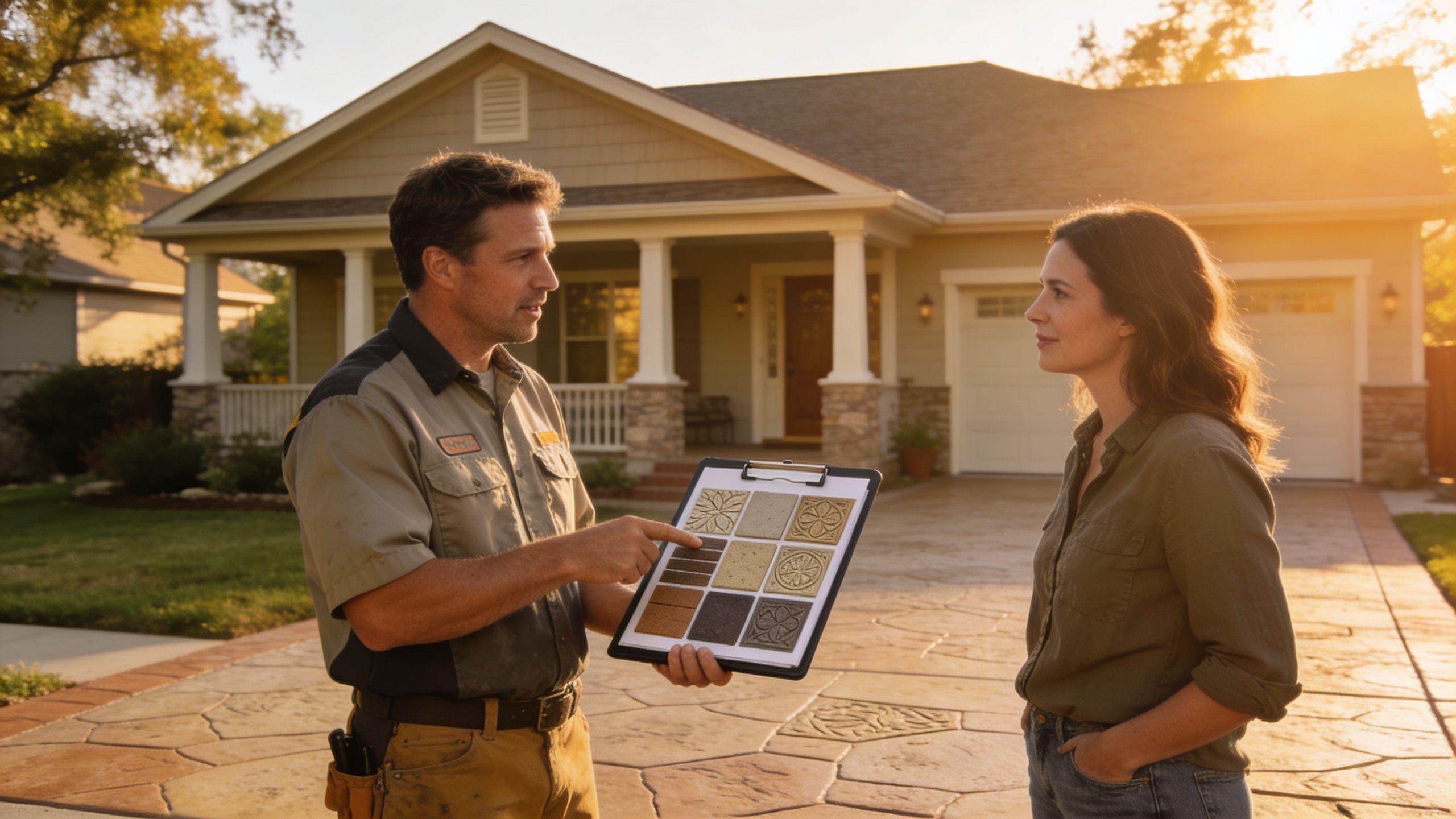 A professional contractor shows a woman various stamped concrete texture samples in front of a residential home.