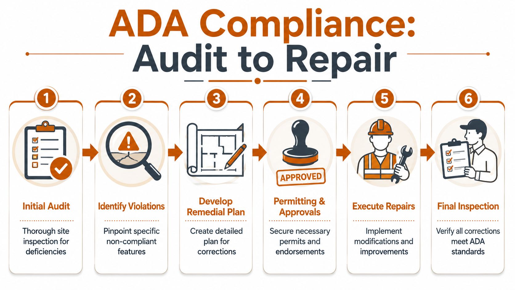A six-step infographic detailing the process of achieving ADA compliance from initial audit to final inspection.
