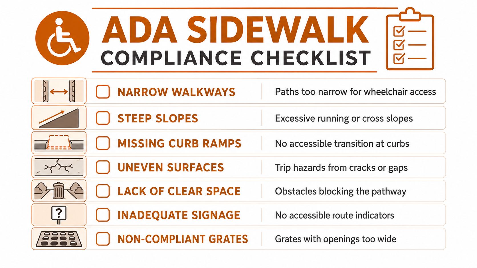 An ADA sidewalk compliance checklist infographic illustrating common barriers such as narrow walkways, slopes, and obstructions.