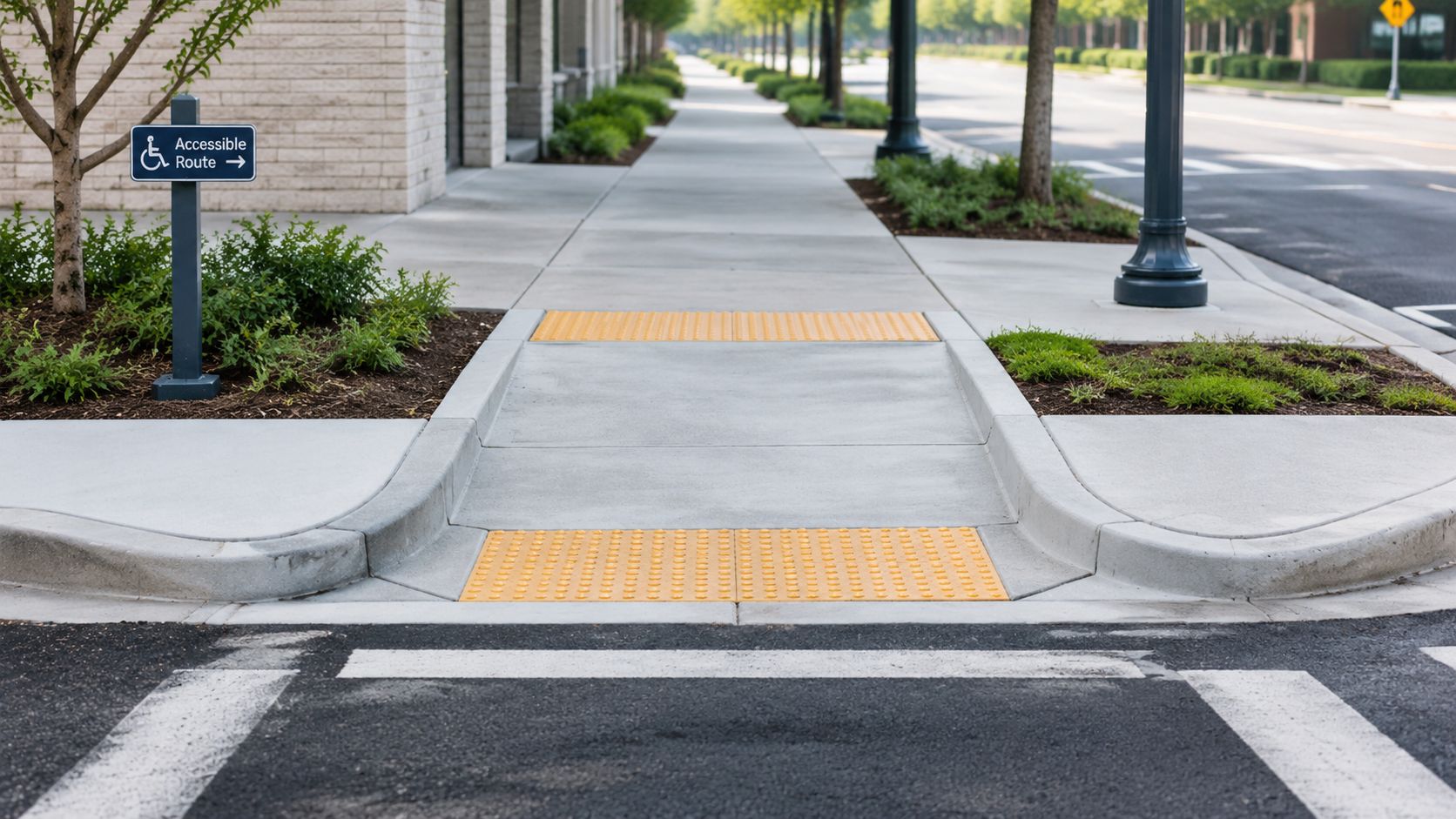 A concrete sidewalk curb ramp with yellow tactile paving for wheelchair accessibility on a street corner.