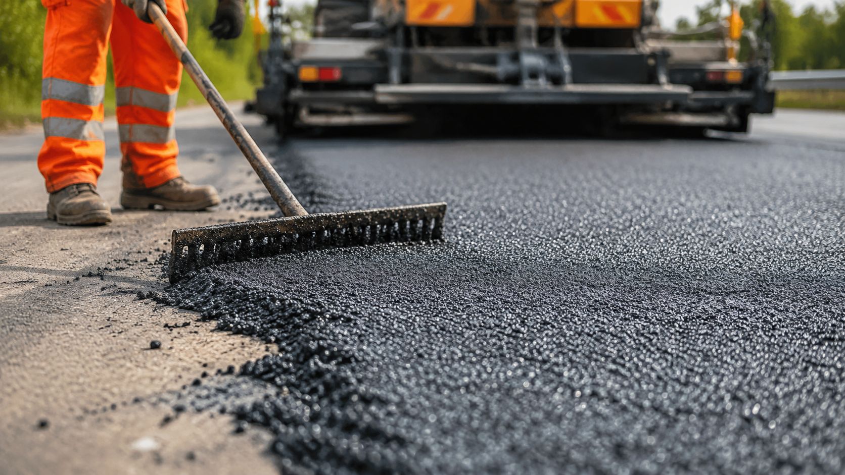 A construction worker in high visibility orange clothing uses a rake to level fresh hot asphalt.
