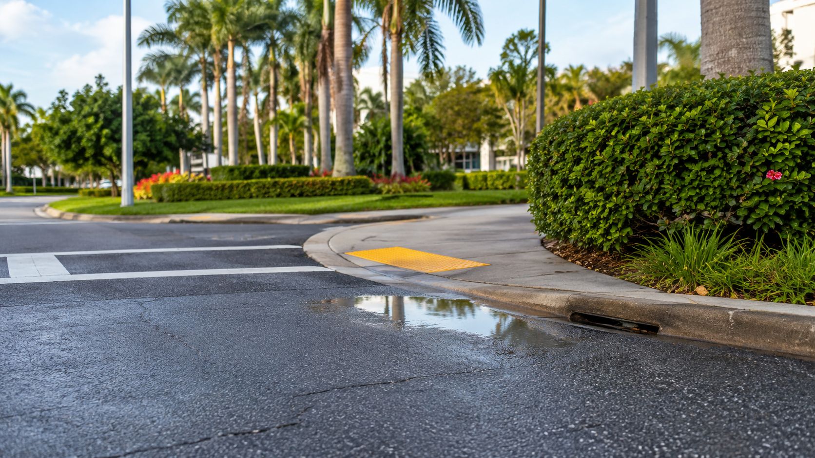 A paved street intersection featuring a bright yellow tactile warning surface for pedestrian crossing safety.