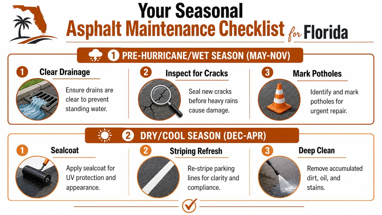 A seasonal asphalt maintenance checklist infographic for Florida detailing tasks for wet and dry seasons.