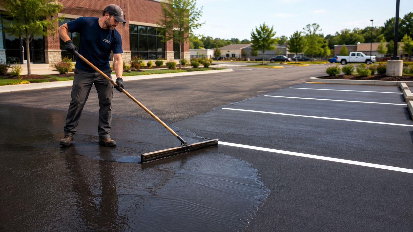 A professional contractor applying black asphalt sealer to a parking lot surface using a squeegee tool.