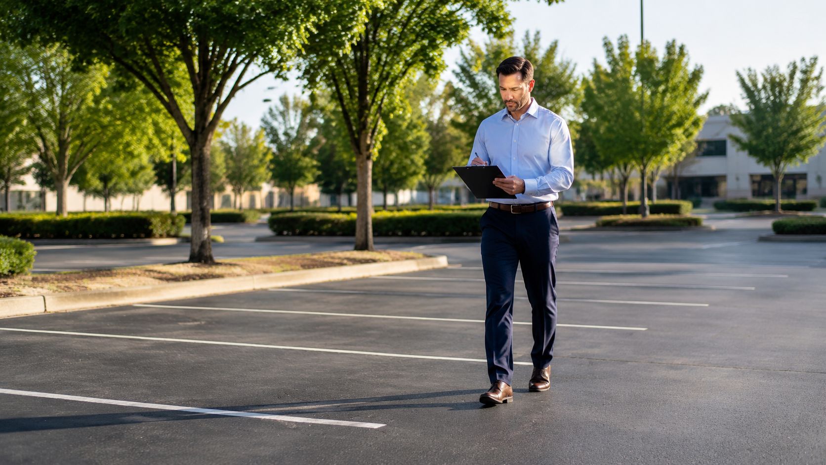 A professional man walking through an empty asphalt parking lot while writing notes on a clipboard.