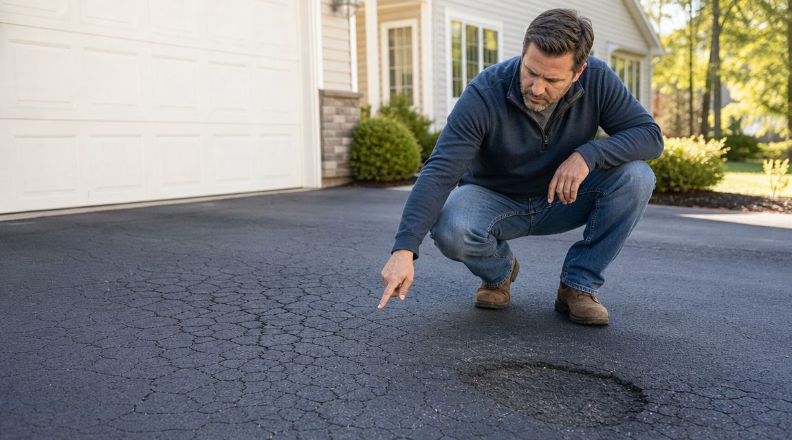 A man in a blue sweater crouching in a driveway to inspect asphalt cracking and pavement damage.