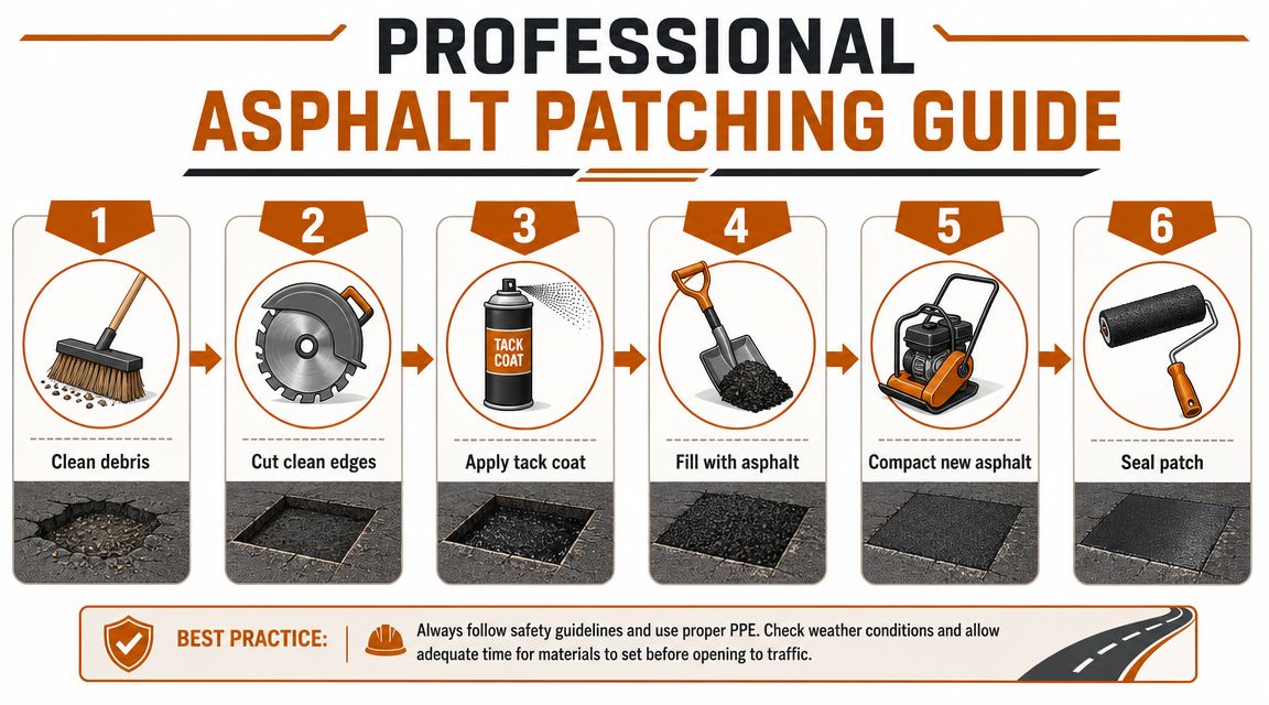 A professional infographic illustrating the six essential steps for repairing damaged asphalt pavement surfaces.