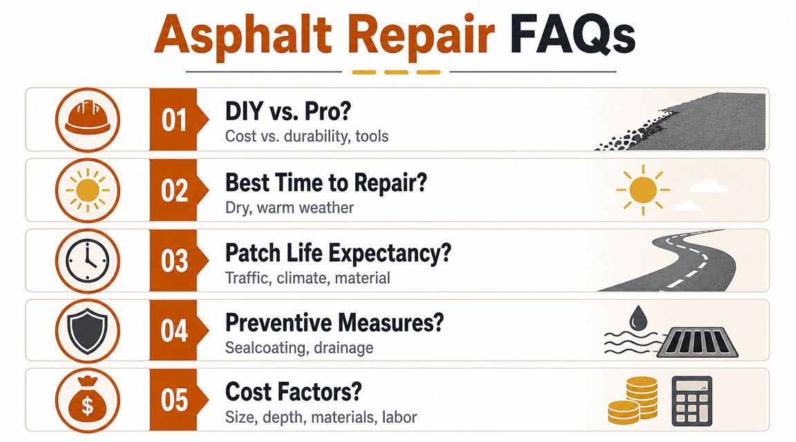 An infographic displaying five common asphalt repair FAQs with corresponding icons and brief descriptive points.