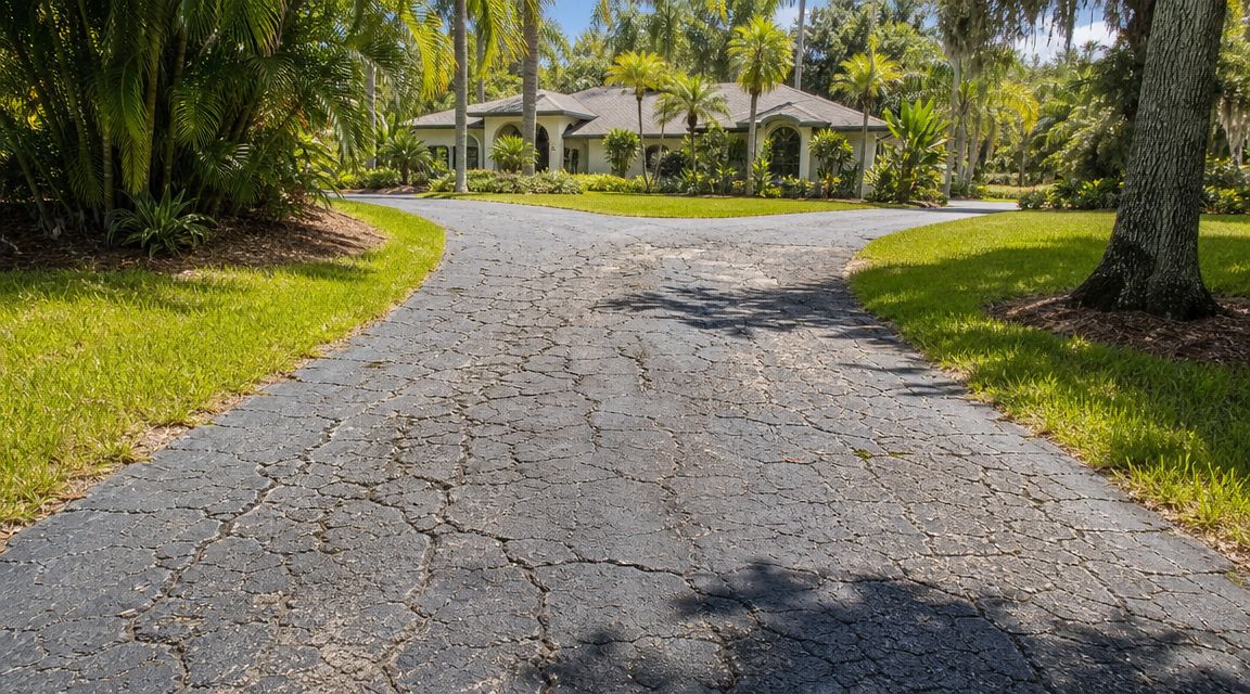 A cracked asphalt driveway leading to a beautiful house surrounded by palm trees and lush greenery.