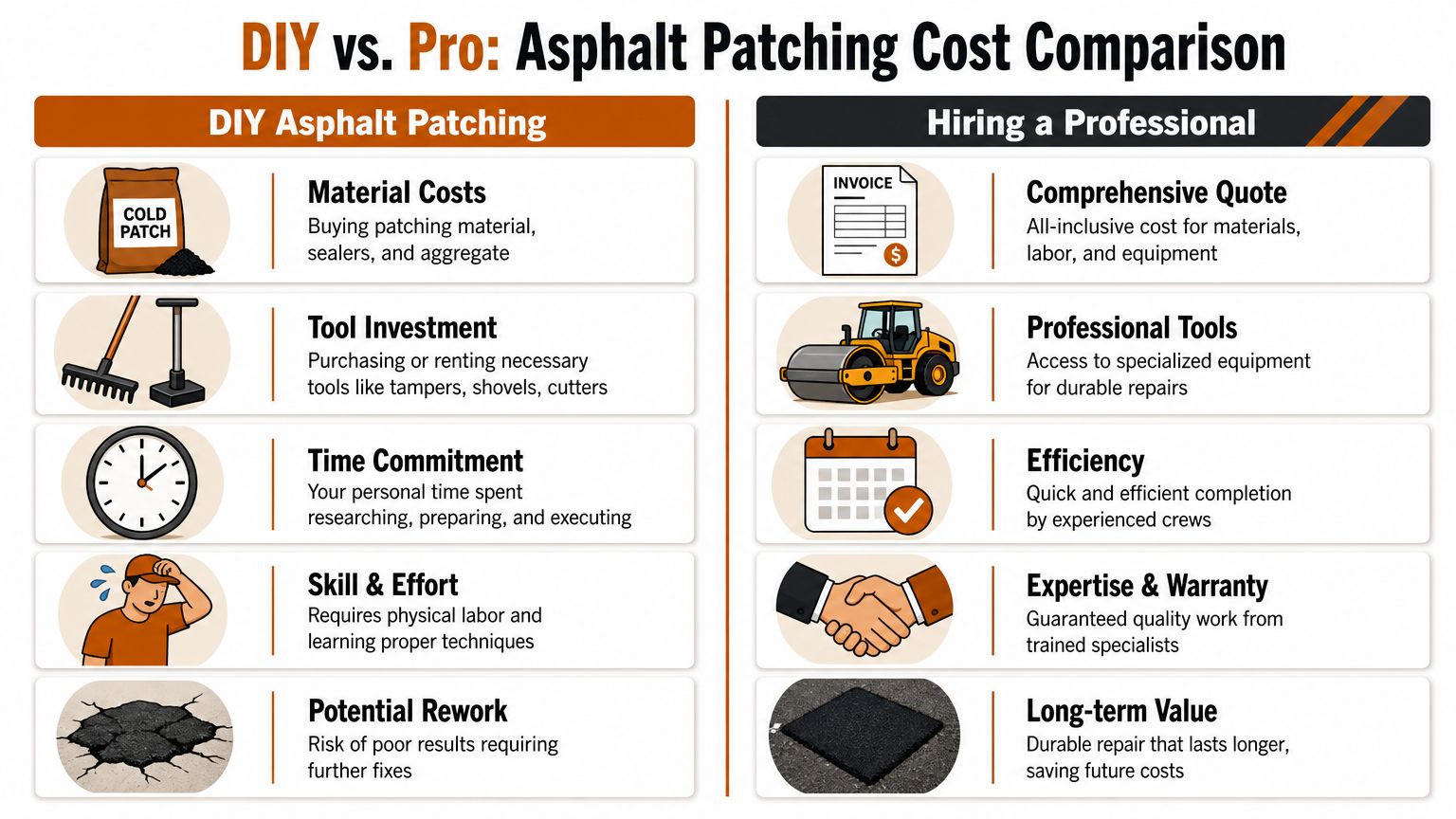 A comparison chart showing the costs and considerations for DIY versus professional asphalt patching services.