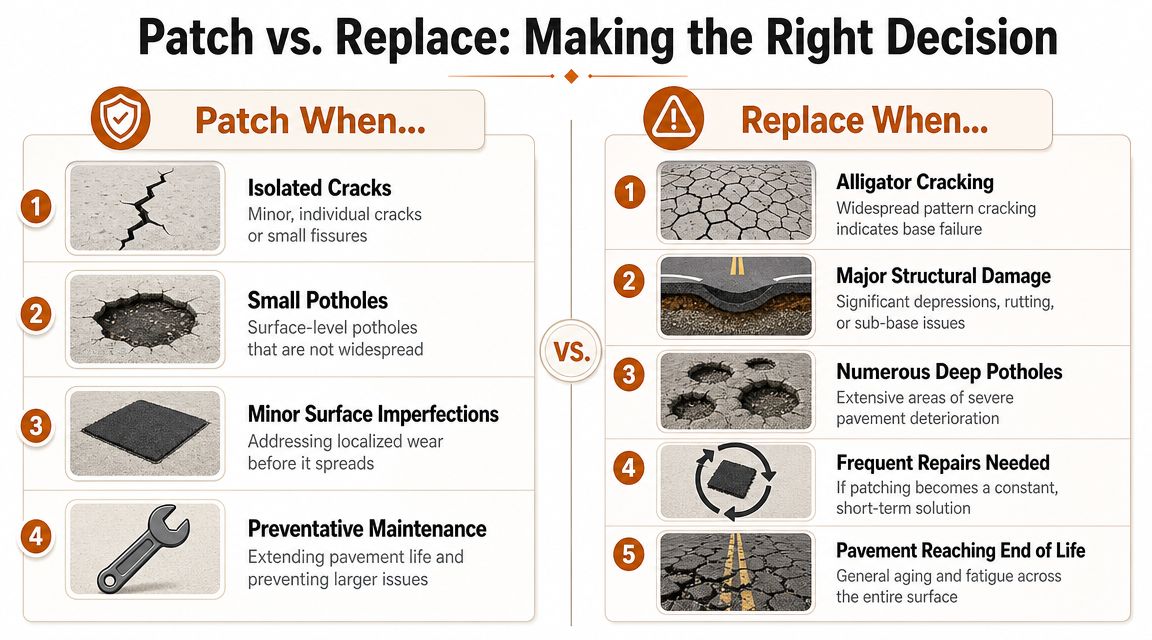 A comparison chart explaining when to choose between asphalt patching or full pavement replacement.