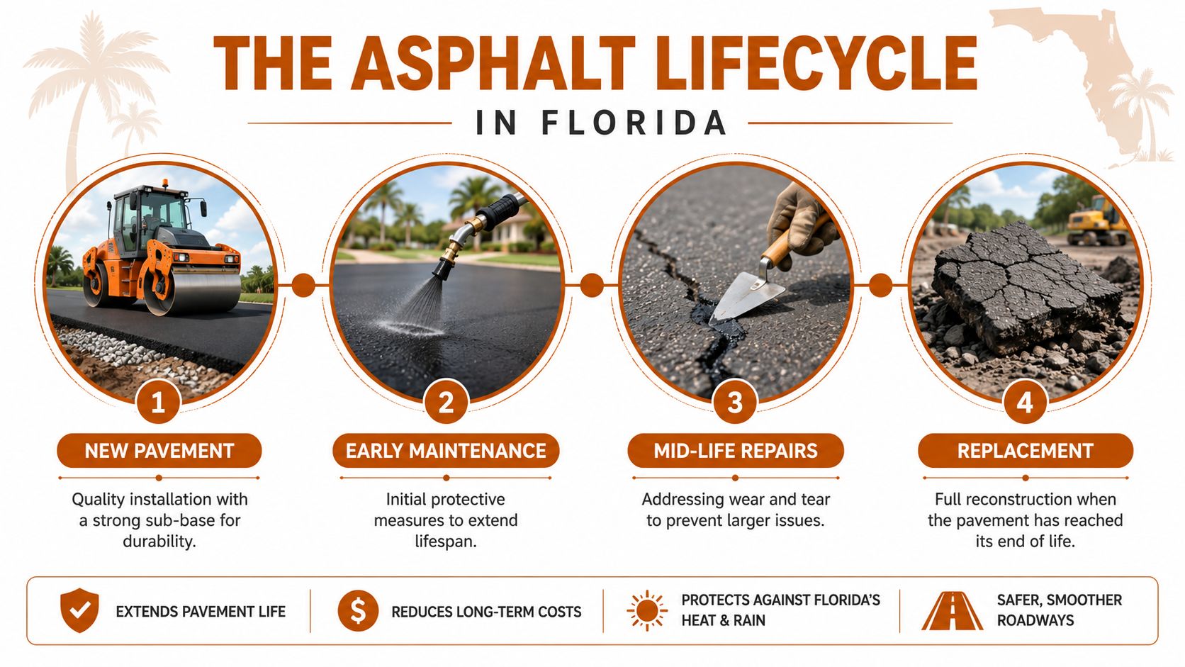 An infographic titled The Asphalt Lifecycle in Florida showing four stages of asphalt paving and maintenance.