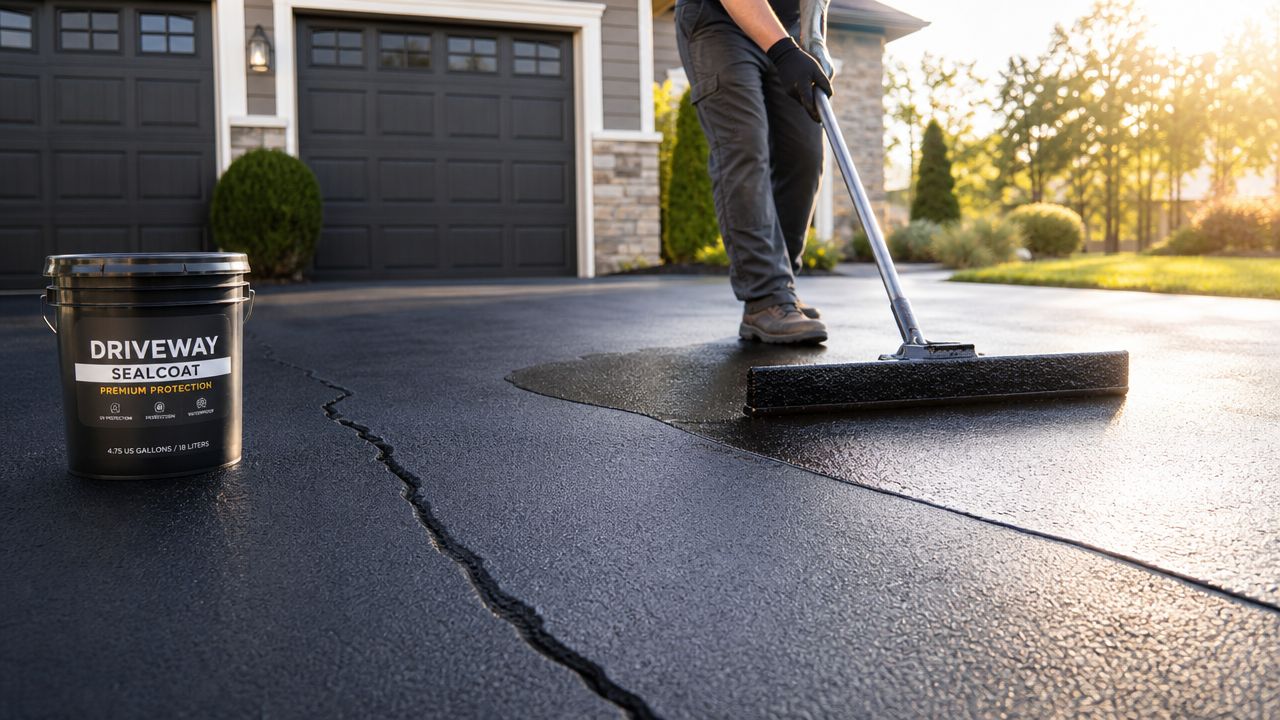 A worker applying sealcoat to a cracked residential asphalt driveway with a squeegee tool and bucket.