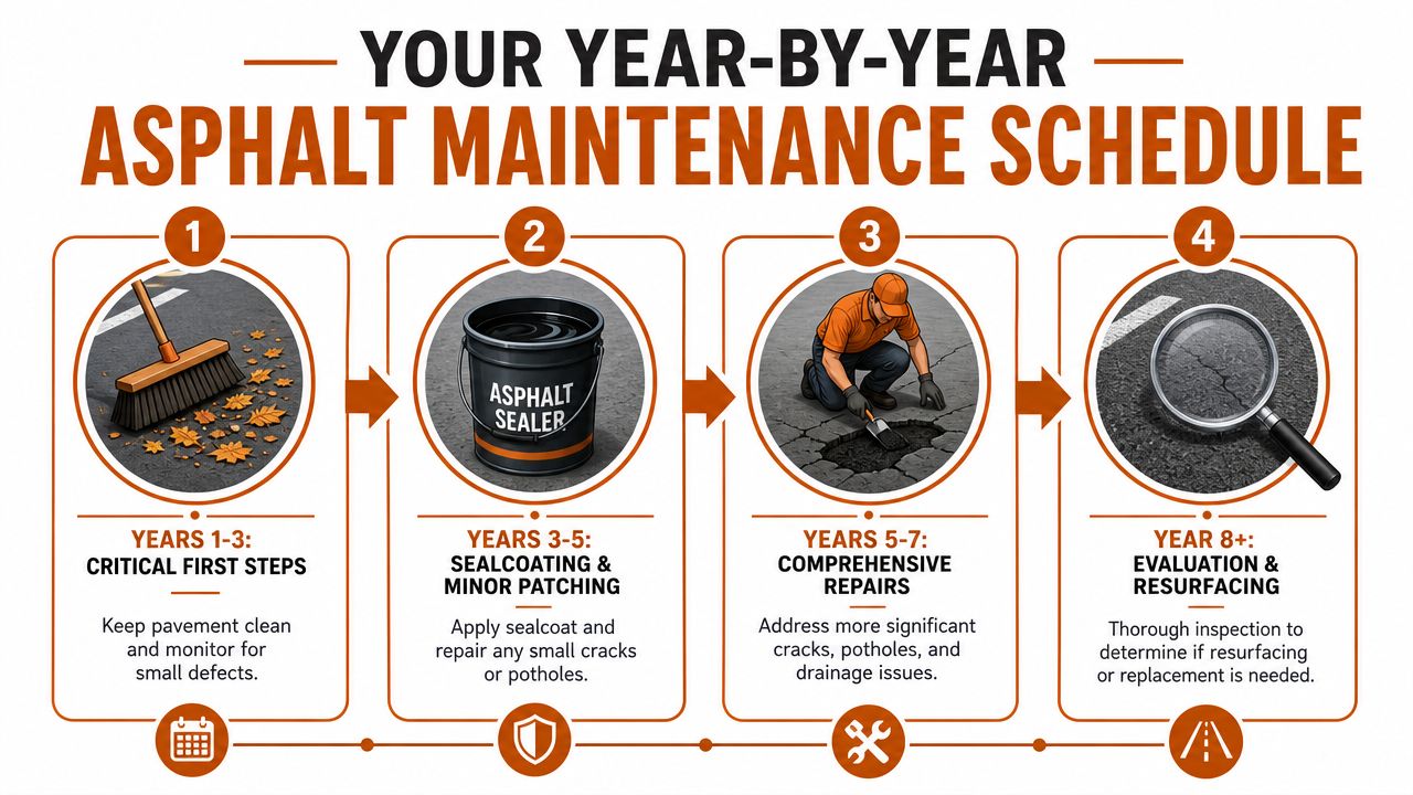 An infographic showing a year-by-year asphalt maintenance schedule for property owners from years one to eight.
