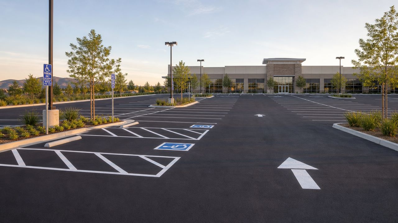 A clean, modern commercial parking lot with asphalt pavement, parking markings, and green landscaping at sunset.