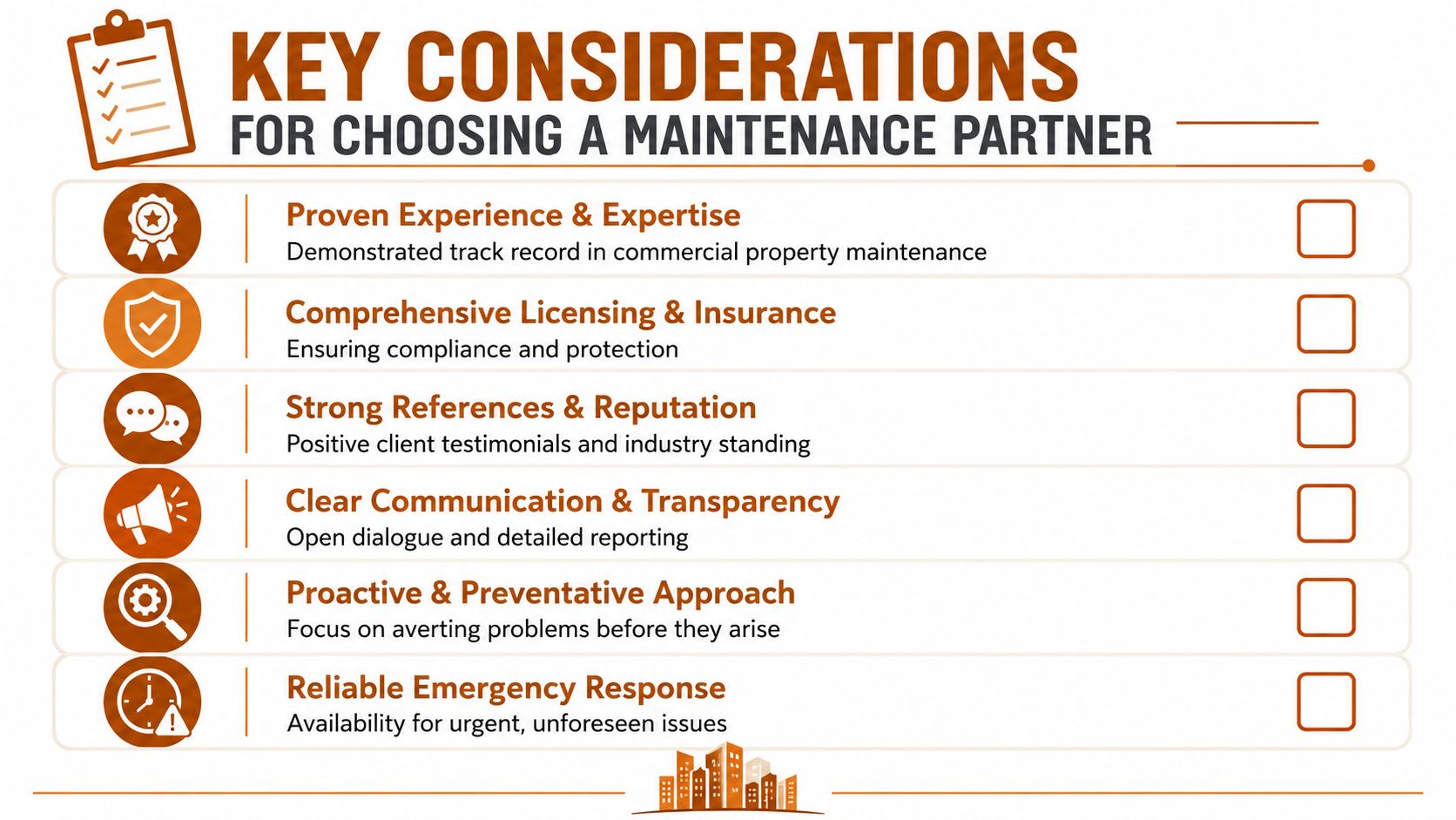 A checklist outlining key considerations for choosing a professional commercial property maintenance partner for businesses.