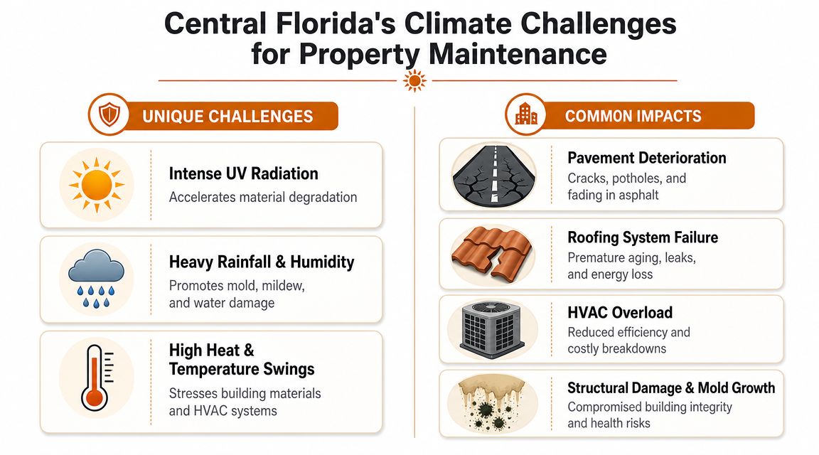 An infographic detailing climate-related challenges and property maintenance impacts for commercial buildings in Central Florida.