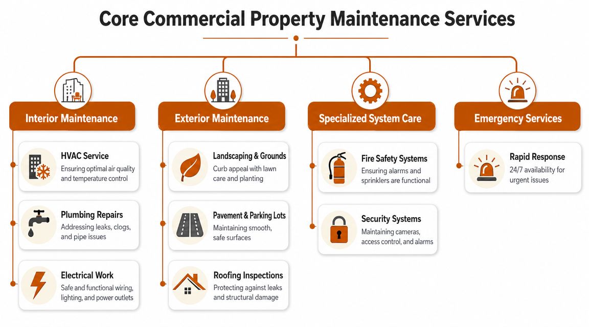 An organizational chart showing four categories of commercial property maintenance services including interior, exterior, specialized, and emergency.