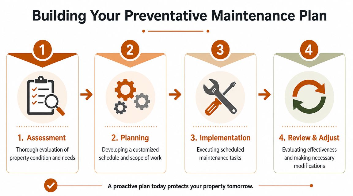 A four-step infographic illustrating a strategic preventative maintenance plan for property management success.