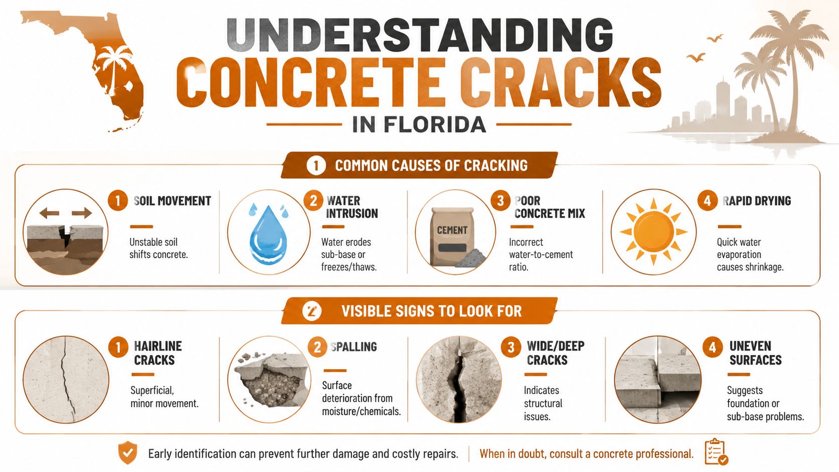 An infographic titled Understanding Concrete Cracks in Florida detailing common causes and visible signs of damage.