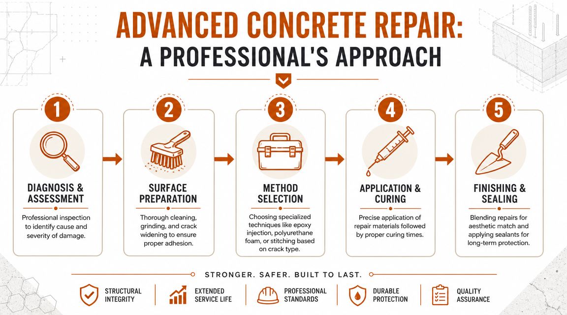 A five-step infographic showing the professional process of advanced concrete crack repair for long-term structural integrity.